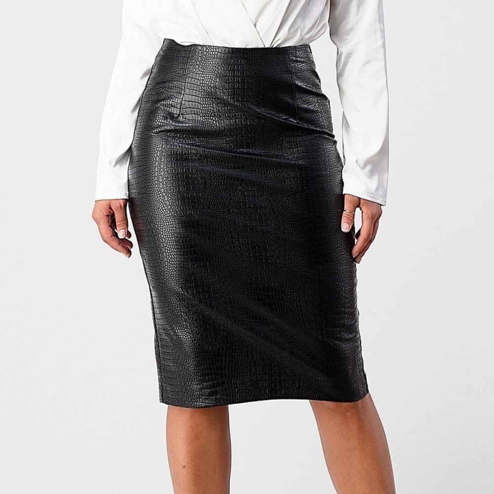 BLACK ALLIGATOR TEXTURE HIGH WAISTED PENCIL SKIRT